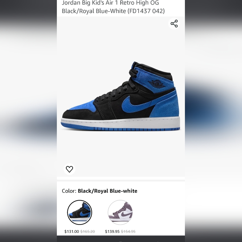 Jordan Big Kid's Air 1 Retro High OG Black/Royal Blue-White Size 6.5Y FD1437-042